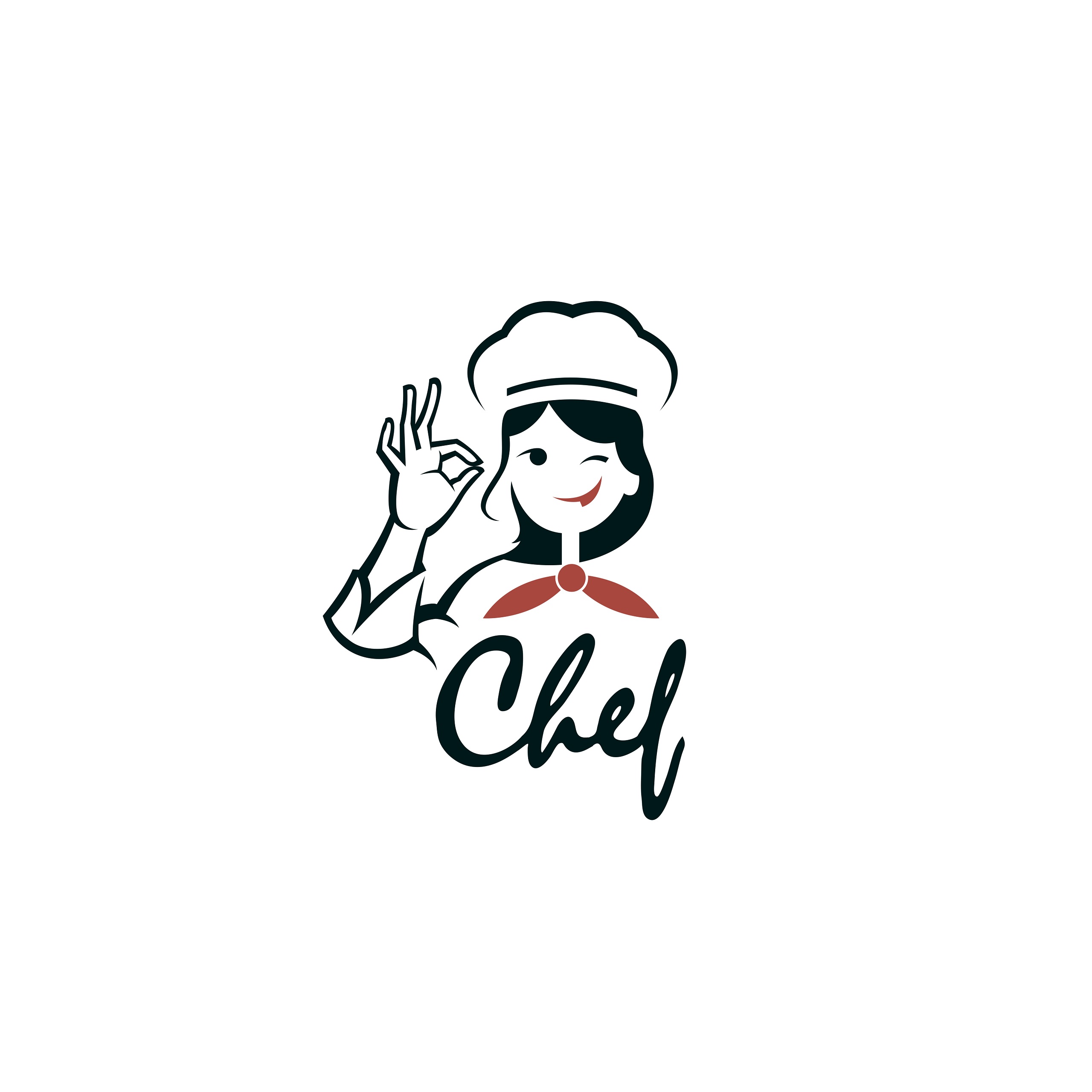 Chef woman wearing a chef's hat and red handkerchief winking with arm lifted showing okay sign with fingers vector.