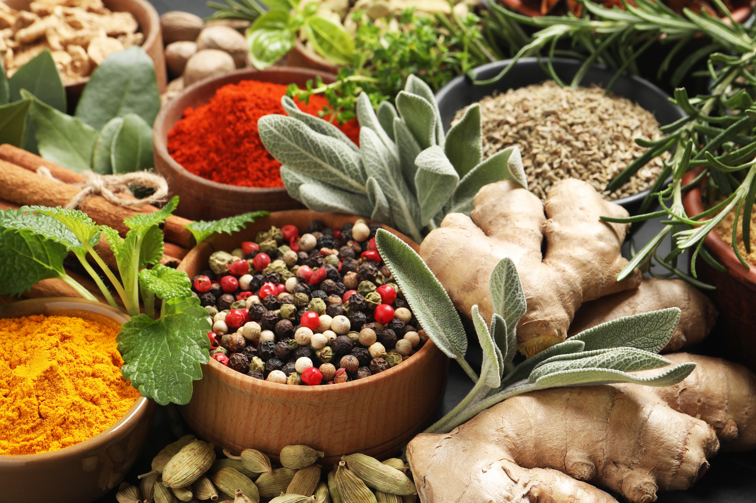 An assortment of fresh herbs and spices arranged neatly to represent ingredients used in making healthy soup.