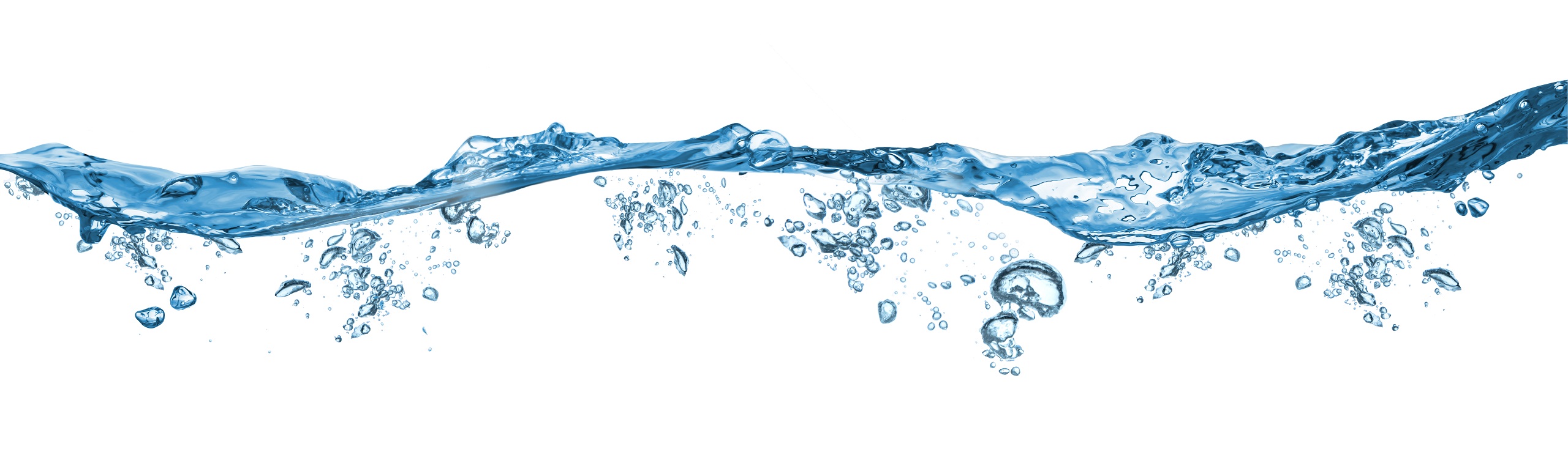 Fresh blue natural alkaline ionized drink water wave as a wide panorama with bubbles concept isolated on a white background.