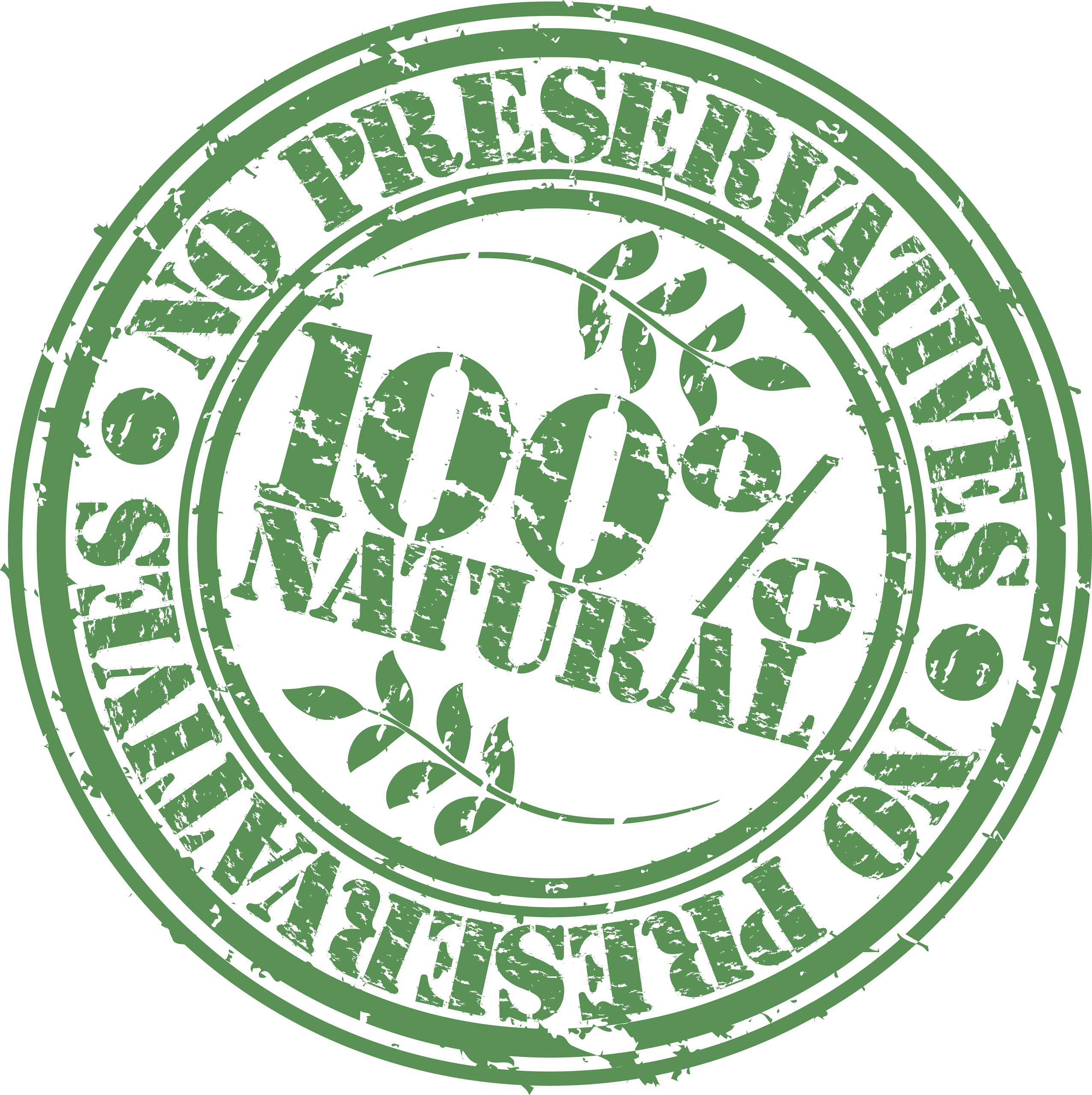 Vintage green rubber stamp vector with a couple of leafy stems and the words: No Preservatives, 100% Natural.