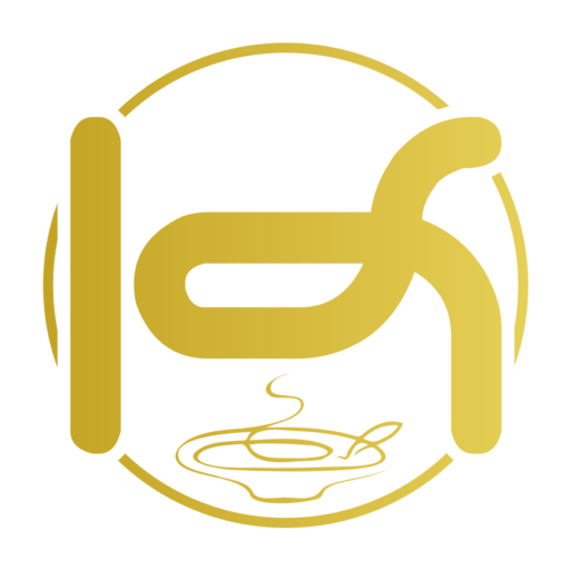Kat's Cafe and Restaurant logo icon in a solid gold color depicting a curvy K resembling a merged table and chair overlapping a permitter circle with a bowl of soup rendering at the bottom of the K inside the circle on a white background.