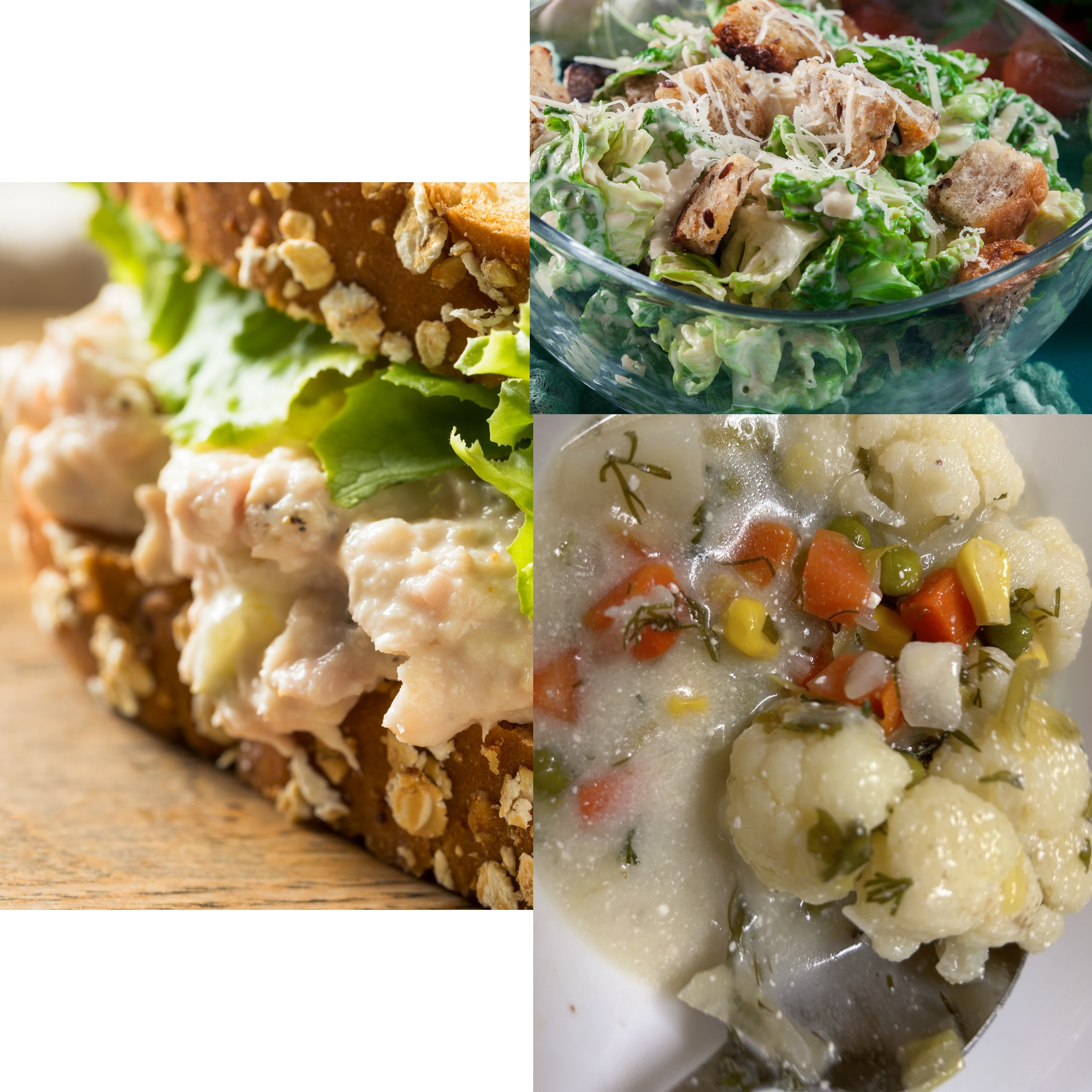 Homemade tuna salad sandwich combo with cauliflower veggie soup or caesar salad.