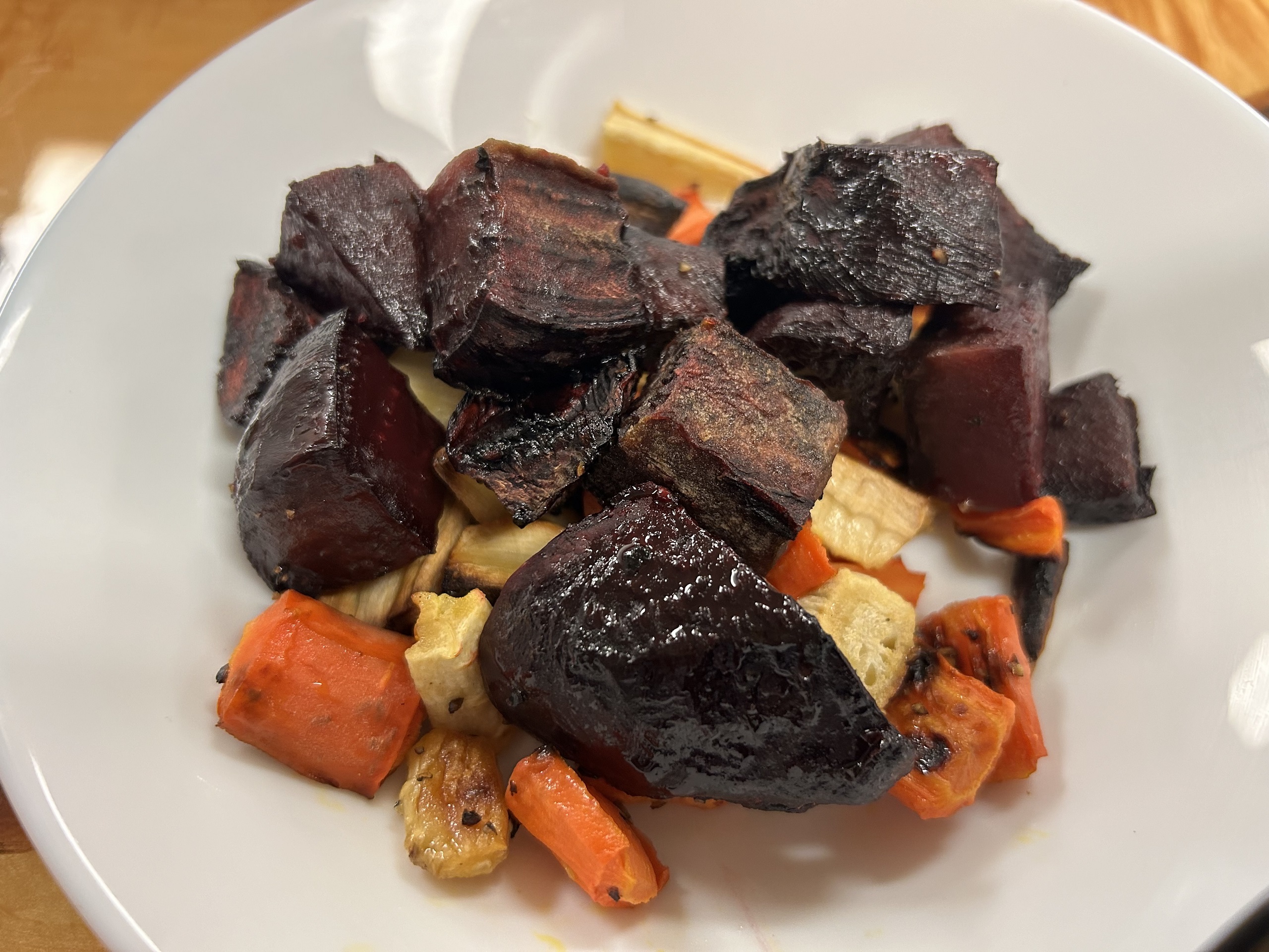 Kat's Roasted Vegetables on a white plate.