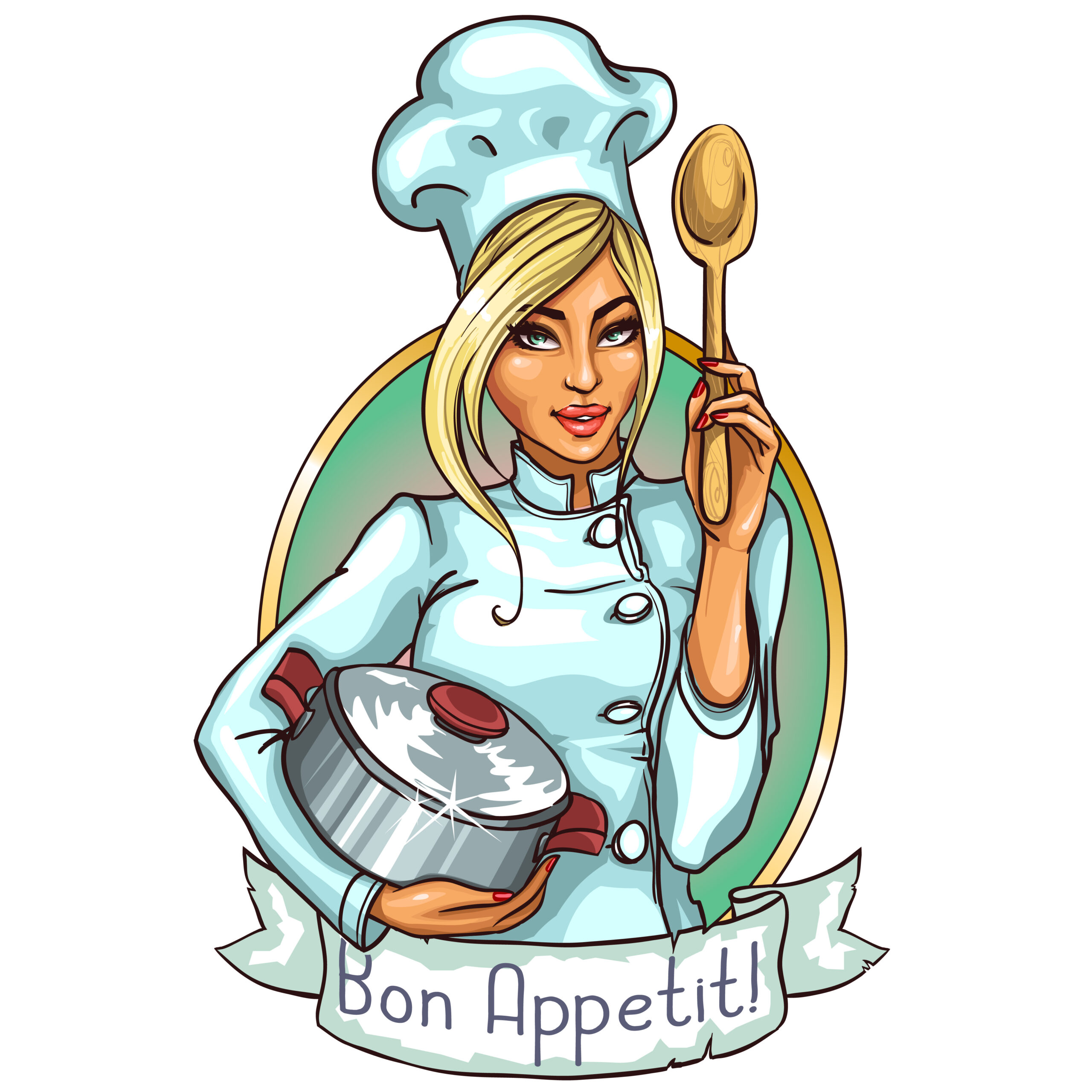 Pretty Chef with sparkling clean pot and wood spoon cartoon image