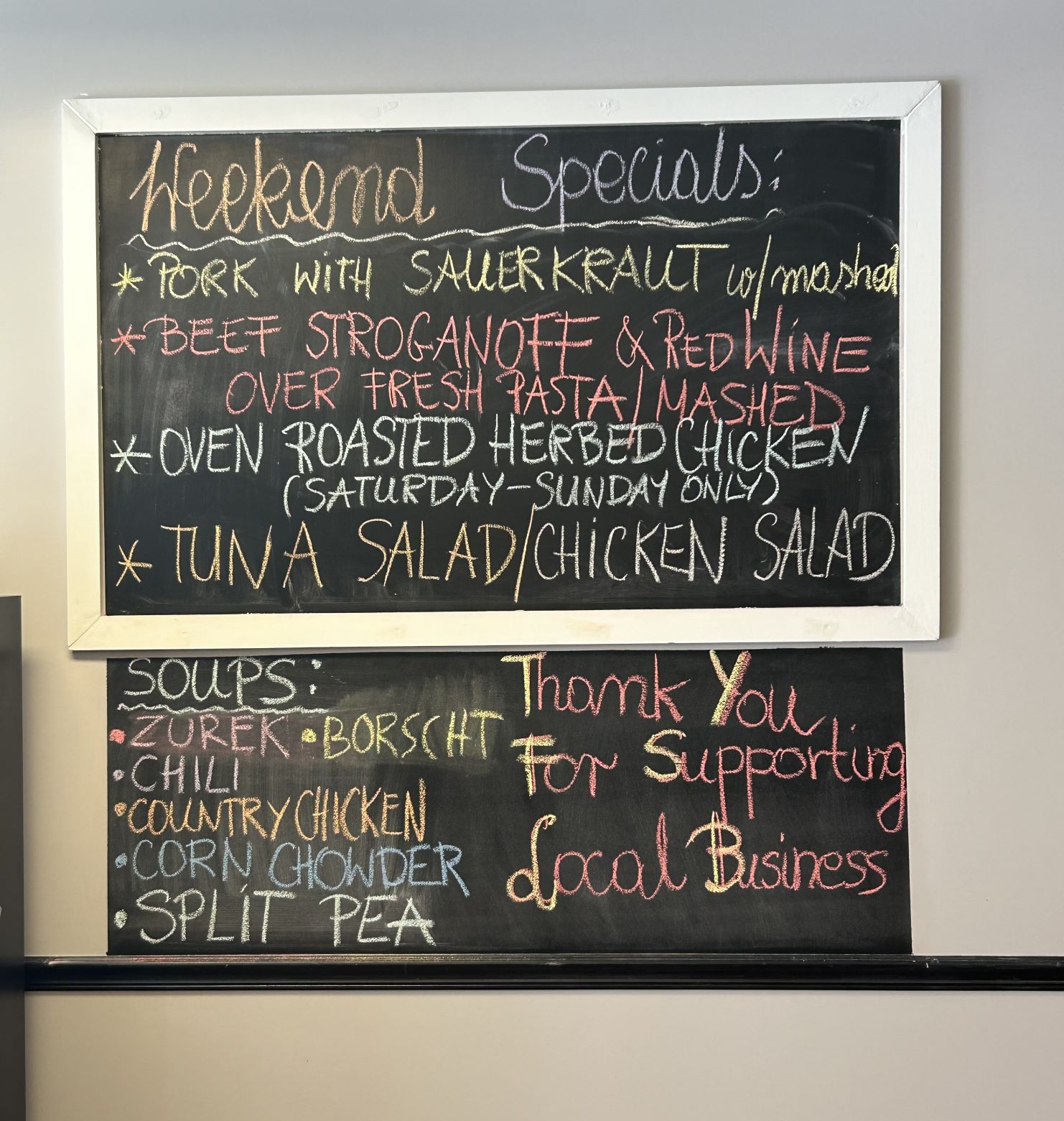 Check the Chalkboard - 1st weekend of June 2024 - Weekend Specials such as Pork Sauerkraut, Beef Stroganoff, Oven Roasted Chicken, and Several Homemade Soups at Kat's Cafe in Minersville.
