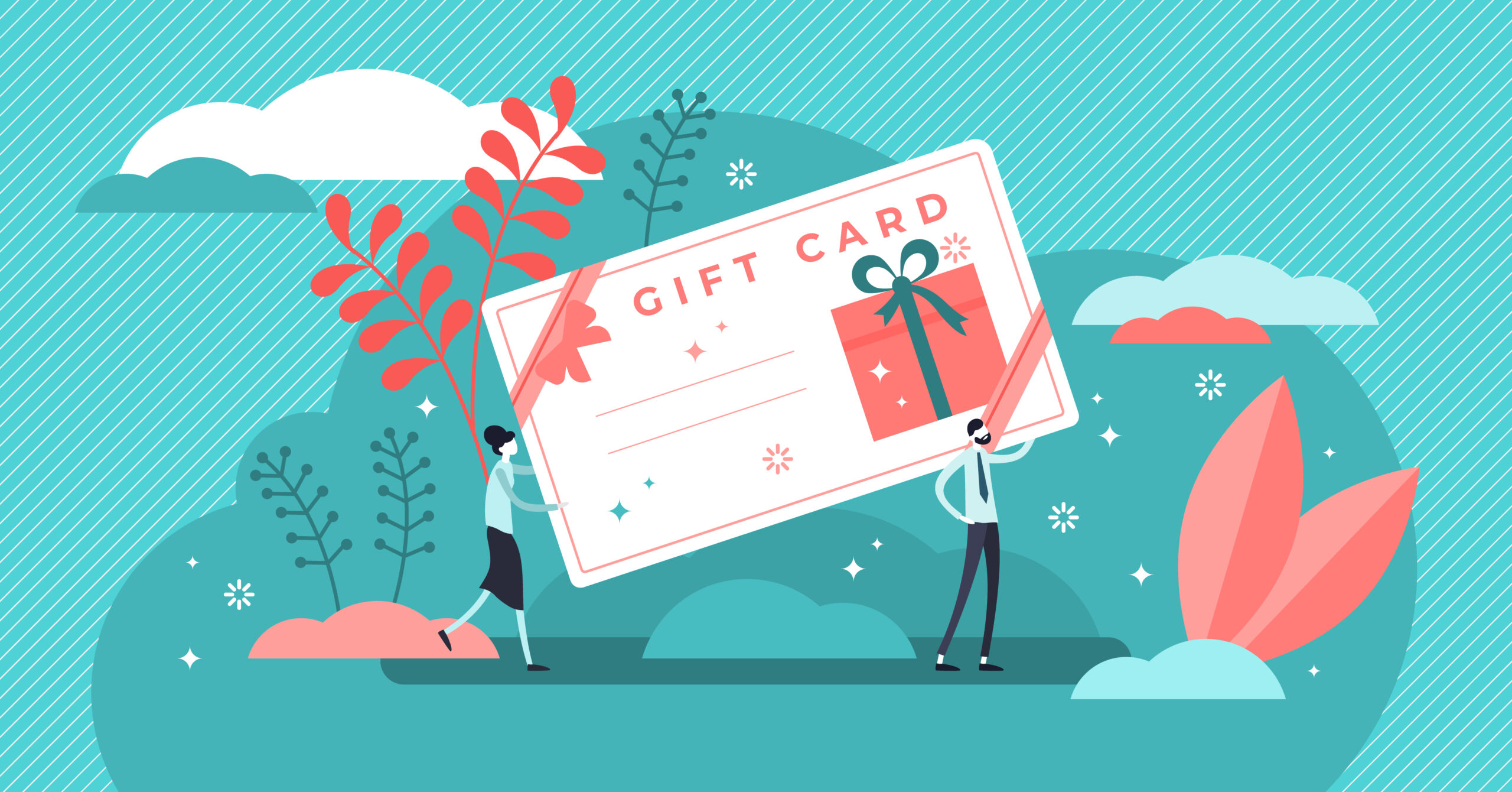 Gift card vector showing two tiny people holding or exchanging a big gift card certificate for any occasion on a teal background.