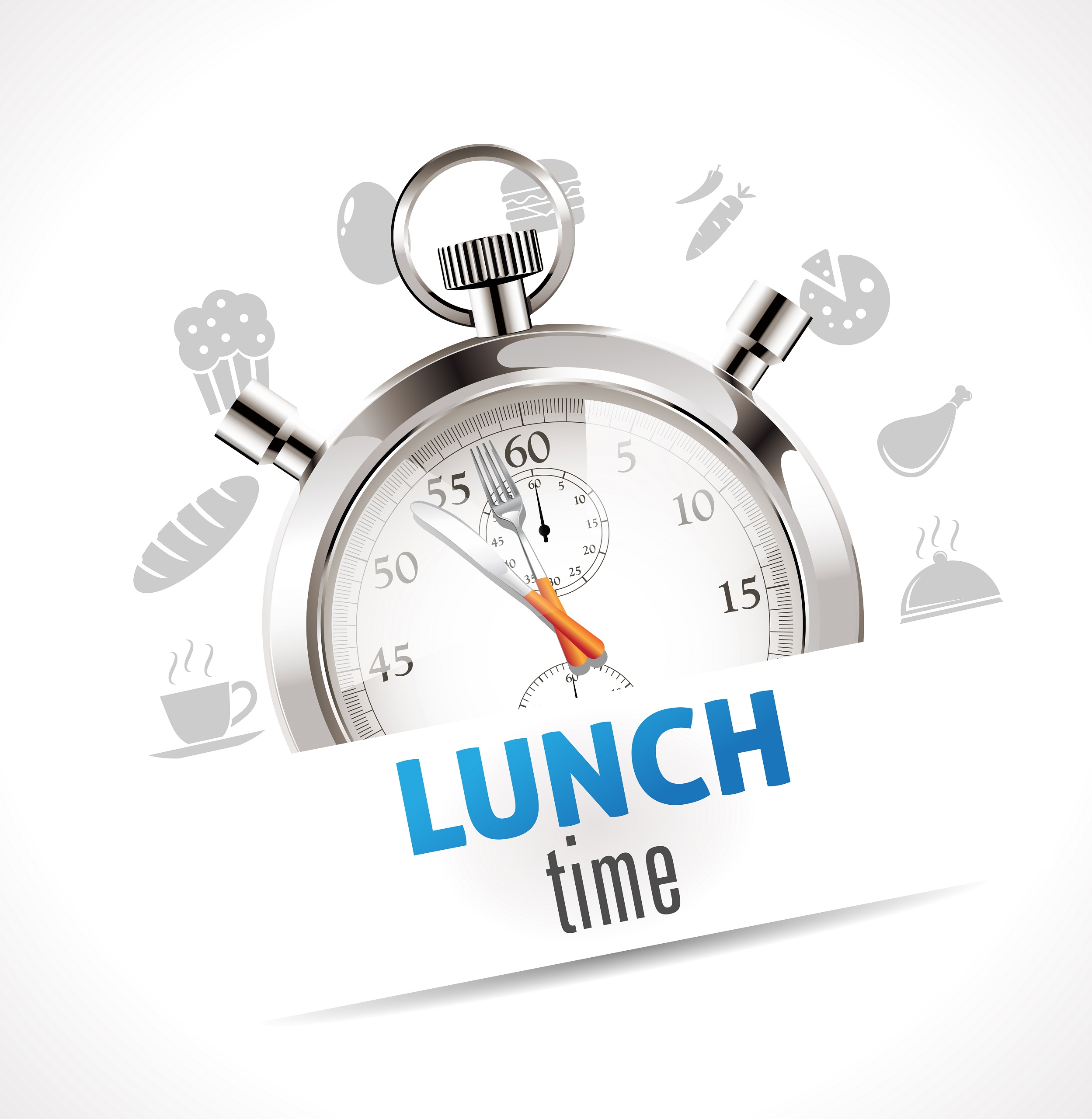Stopwatch with food icons and the words lunch time being a vector on a white background.