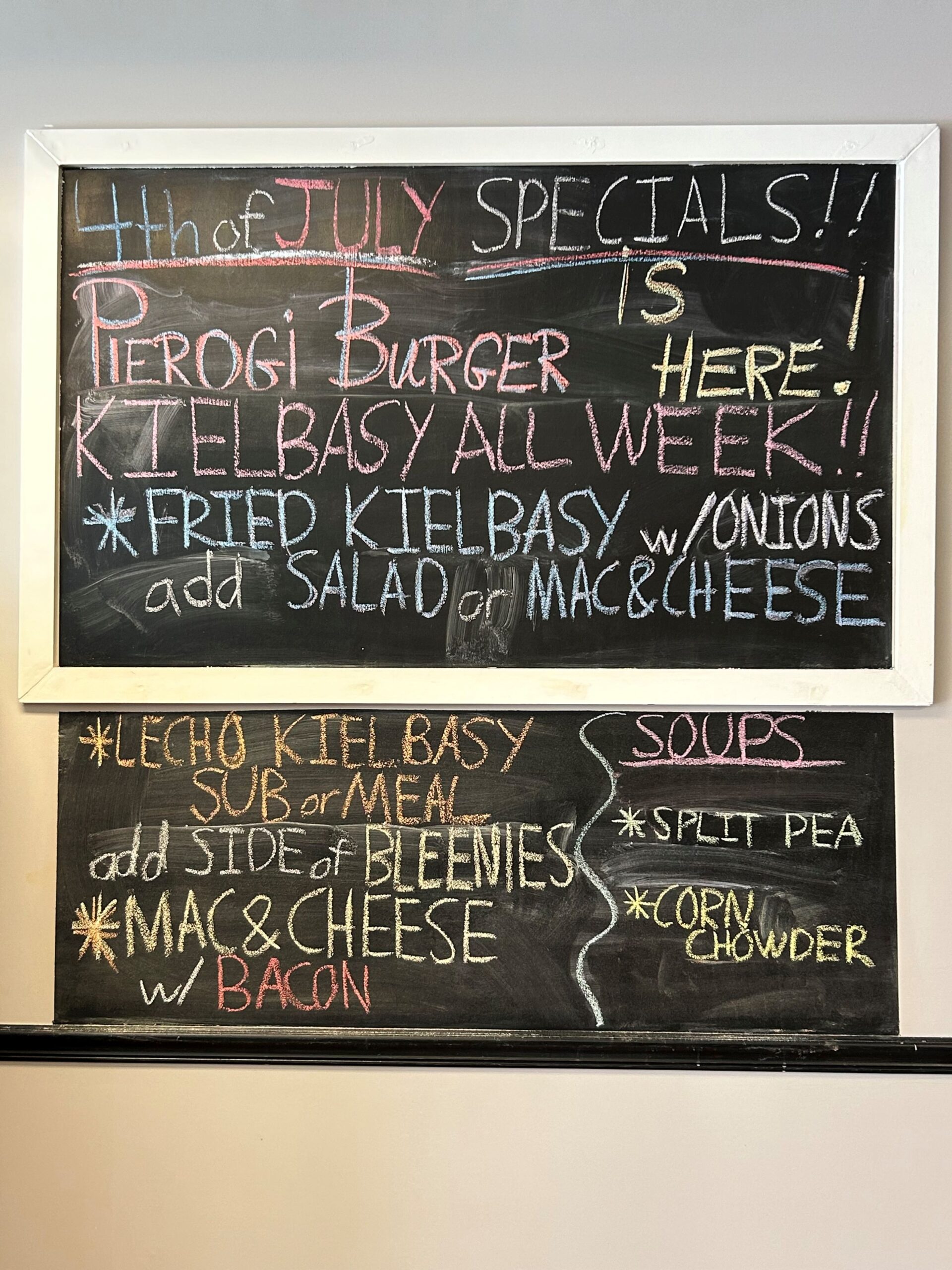 Check the Chalkboard for the 1st weekend of July 2024 including 4th of July Specials at Kat's Cafe in Minersville listing Pierogi Burger, Kielbasy all week, mac and cheese, bleenies, and more.