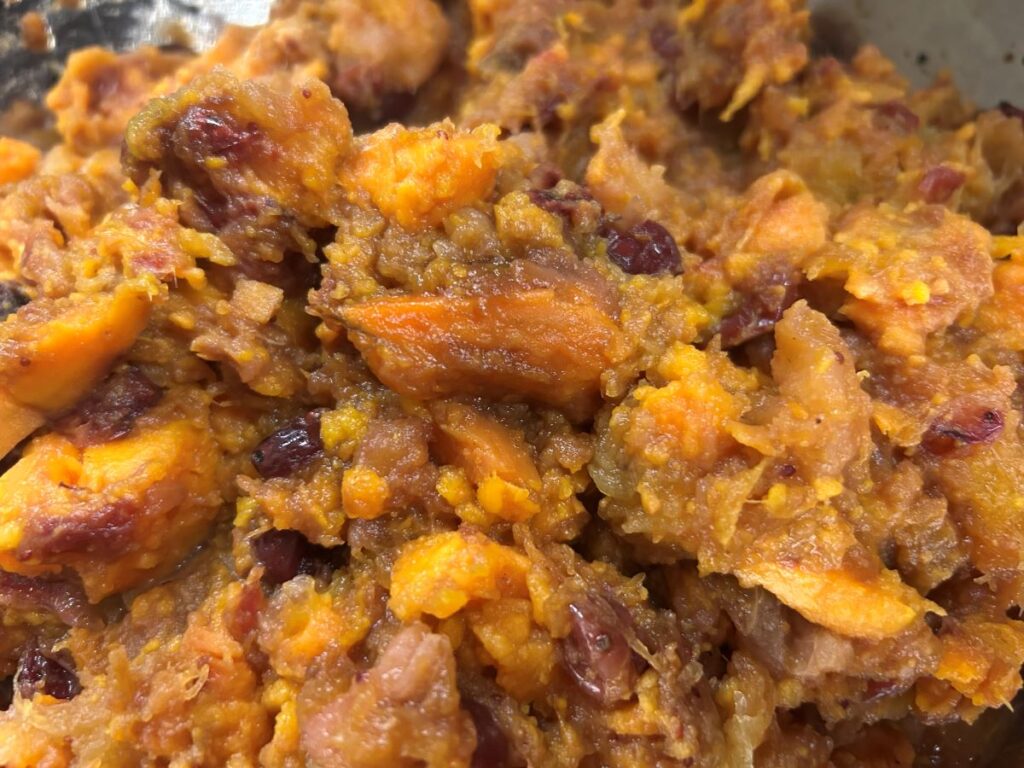 A photo of Kat's Pilgrim Pierogi Filling after it has been pulled out of the oven but before it is made part of the pierogi.