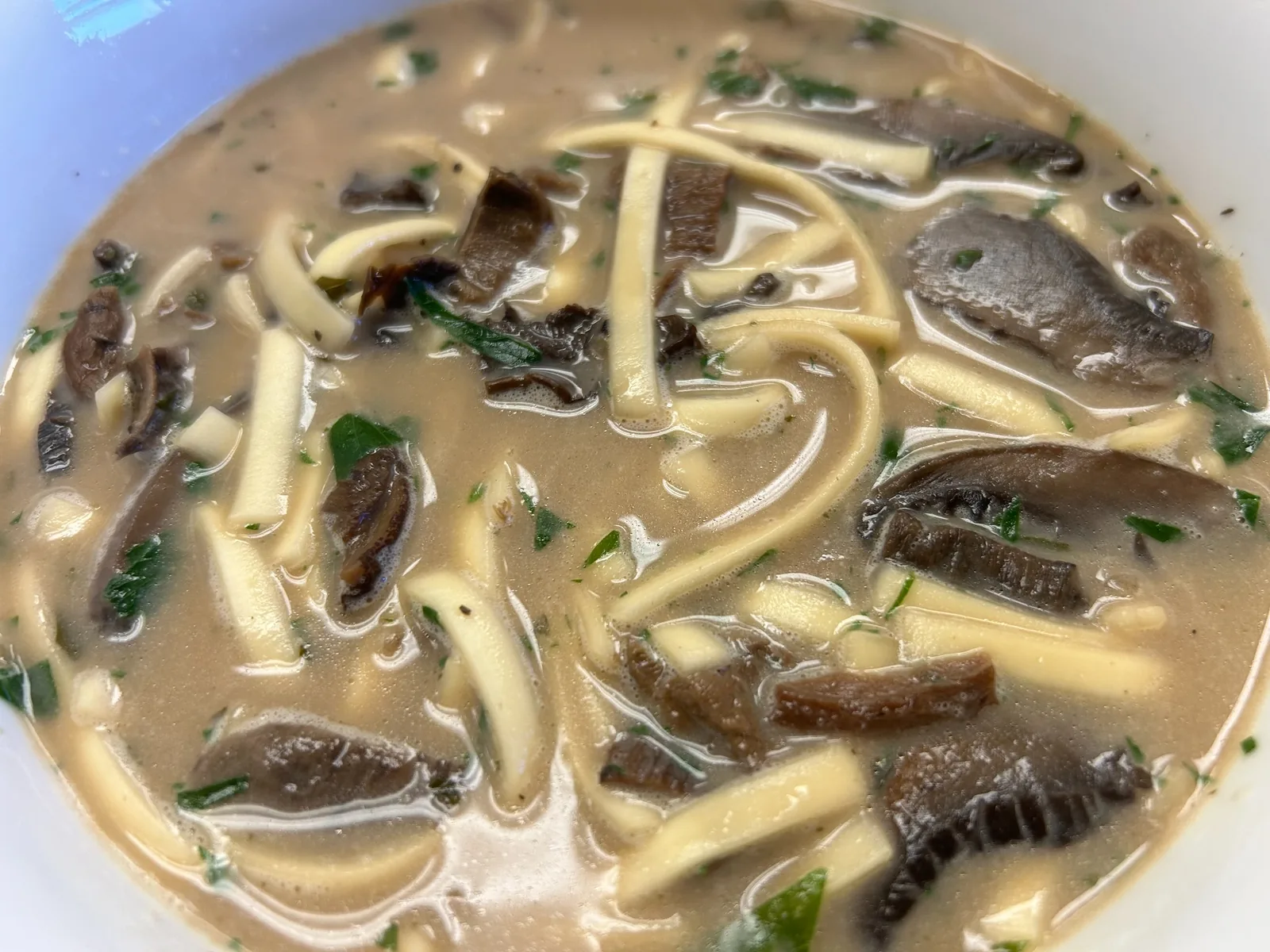 Close-up of creamy wild mushroom soup with noodles, sliced mushrooms, and chopped herbs at Kat’s Café & Restaurant.