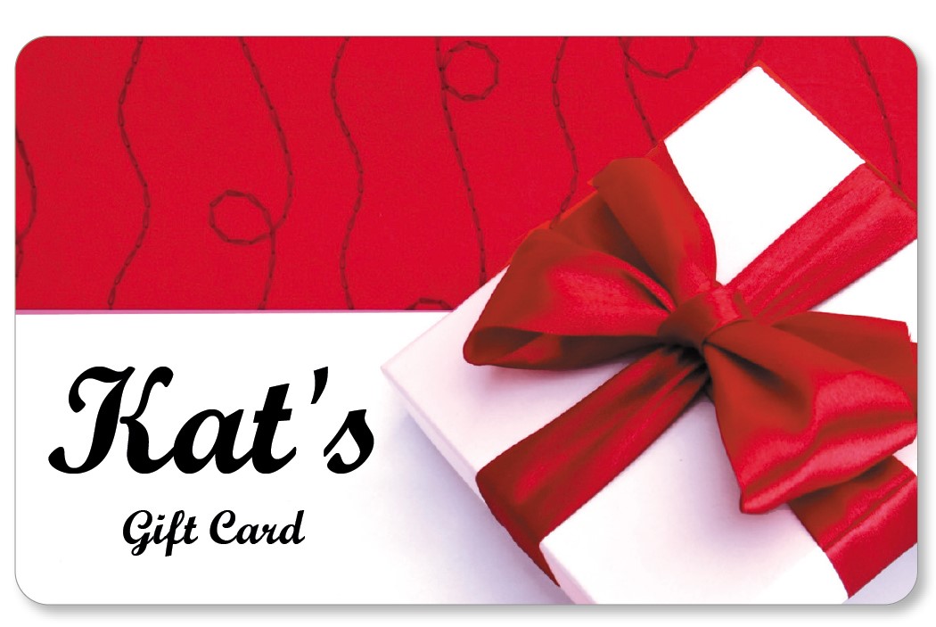 Gift Card with top half being red with a thin line black swirl and the bottom half being a solid white and the card having a white box with a red bow tied completely around it on an angle on the left side of the card with the words "Kat's Gift Card" in black cursive font on the right side of the card in the white portion.