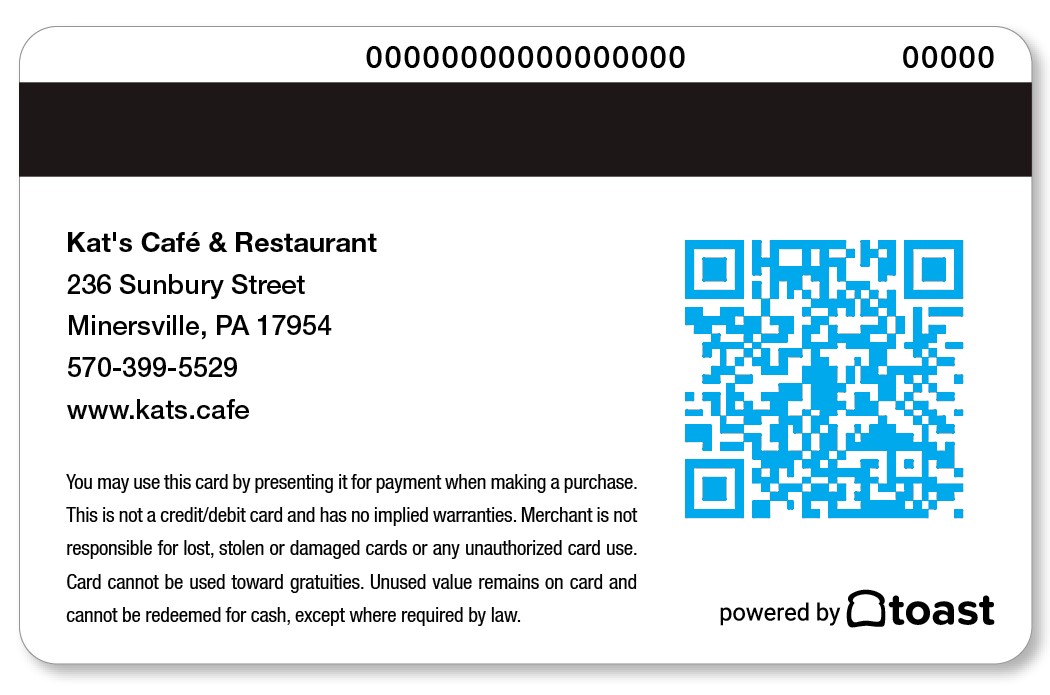 Gift Card for Restaurant at Kat's with the cafe information on the back side of the card.