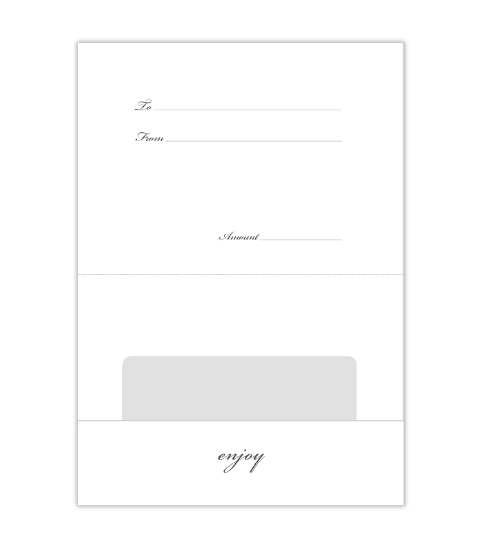 Open gift card envelope made of sturdy white cardboard with the top flap having the words "to" and "from" along with "amount" and the bottom flap having an insert for the gift card and the words enjoy in cursive black font.