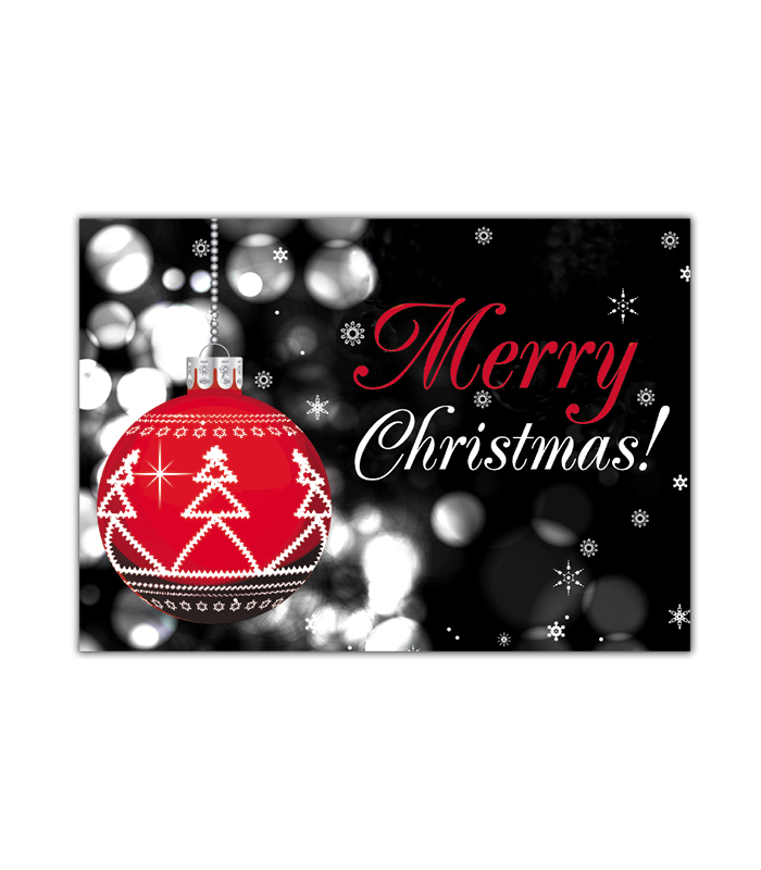 Merry Christmas Gift Card Envelope with a red tree ornament on the left having Christmas tree etchings in white and on the right the words "Merry Christmas!" with merry being in red and Christmas being in white on a black background having reflections of glass or white crystal ornaments and some small white snowflakes.