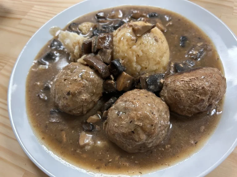 Homemade meatballs in mushroom gravy served with mashed potatoes at Kat’s Café & Restaurant.