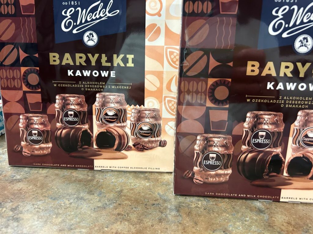 Coffee Flavored Liquor Filled Polish Chocolate Barrels.