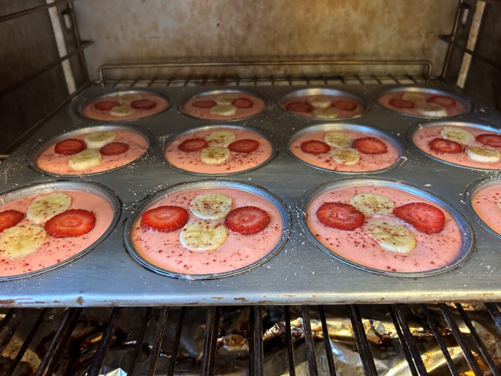 Strawberry Banana Mini Cakes in the oven before baked fresh.