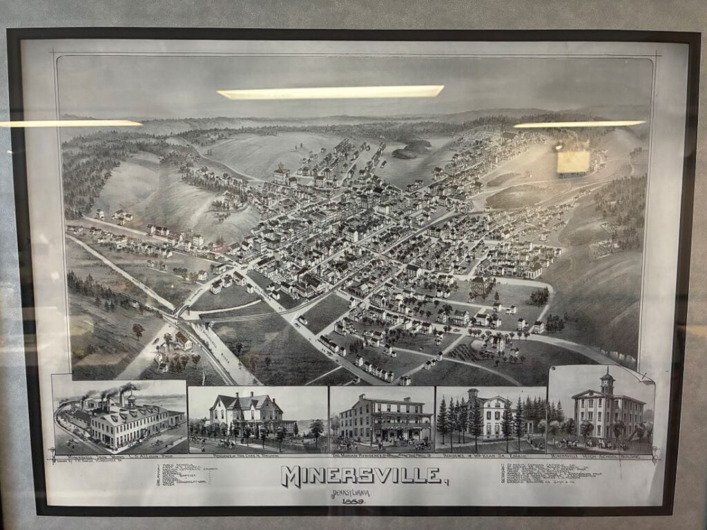 Historical Map of Minersville Pennsylvania from the Year 1889 showing the Borough, its streets, the Iron Works Factory, and Three Photos Each of an Affluent Private Residence located within the Local Community.