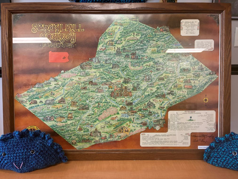 Map of Schuylkill County in Pennsylvania, USA, with Pierogi Pillows on Display at Kat's Cafe and Restaurant in Minersville.