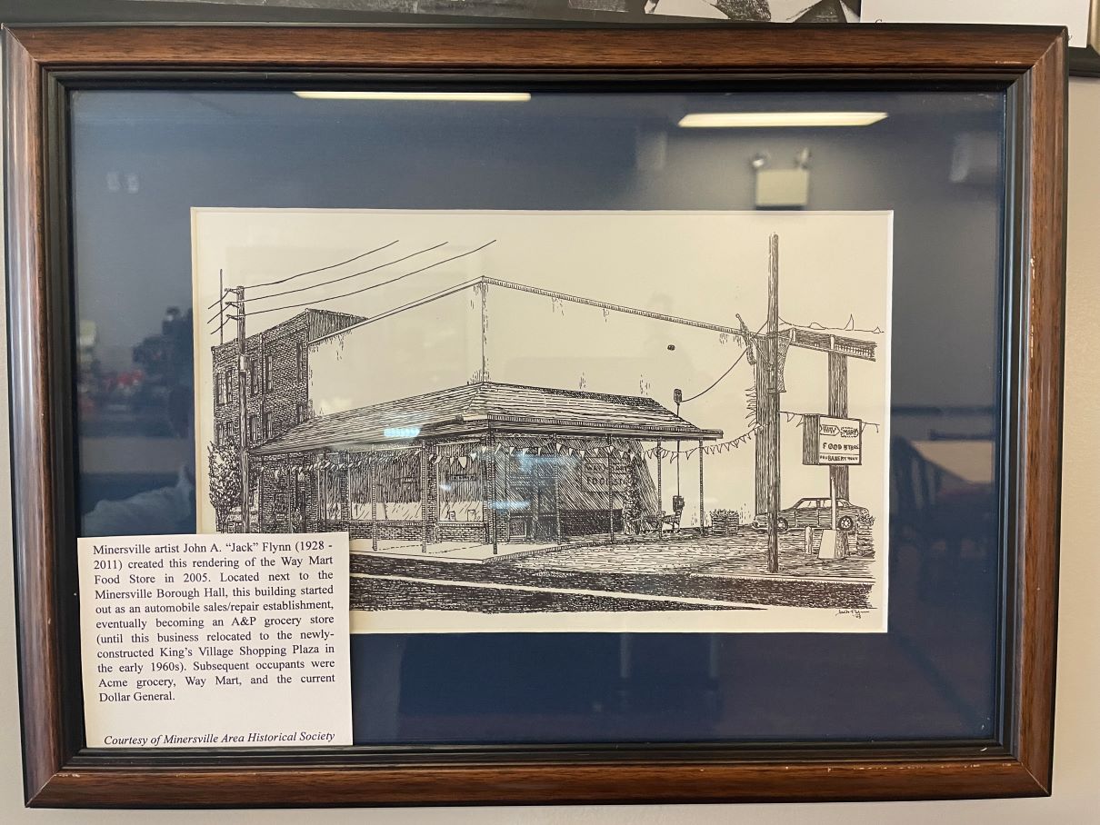 Pencil Rendering Historical Photo of the Waymart Food Store that used to be located next to the Minersville Borough Hall.