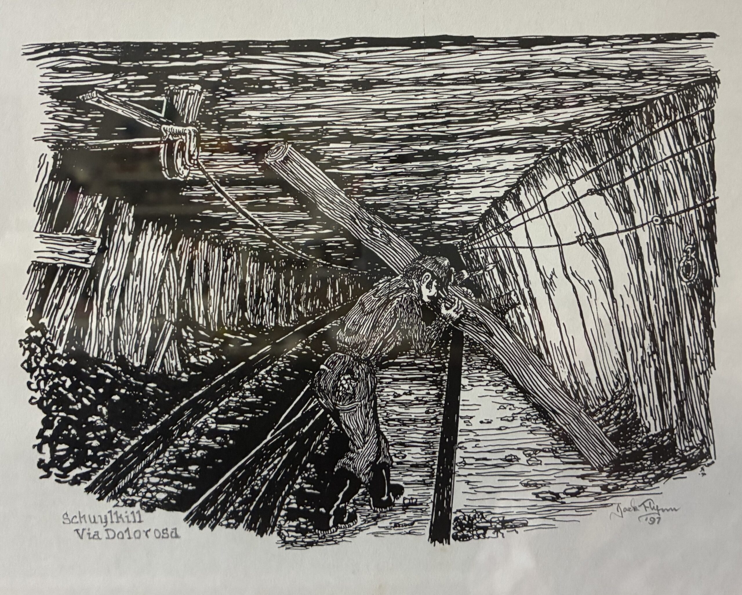 Pencil Rendering by a Local Artist of a Coal Miner Hoisting a Support Brace in a Coal Mine with Rail Tracks and Thick Wood Beams and Braces Supporting the Mining Tunnel.