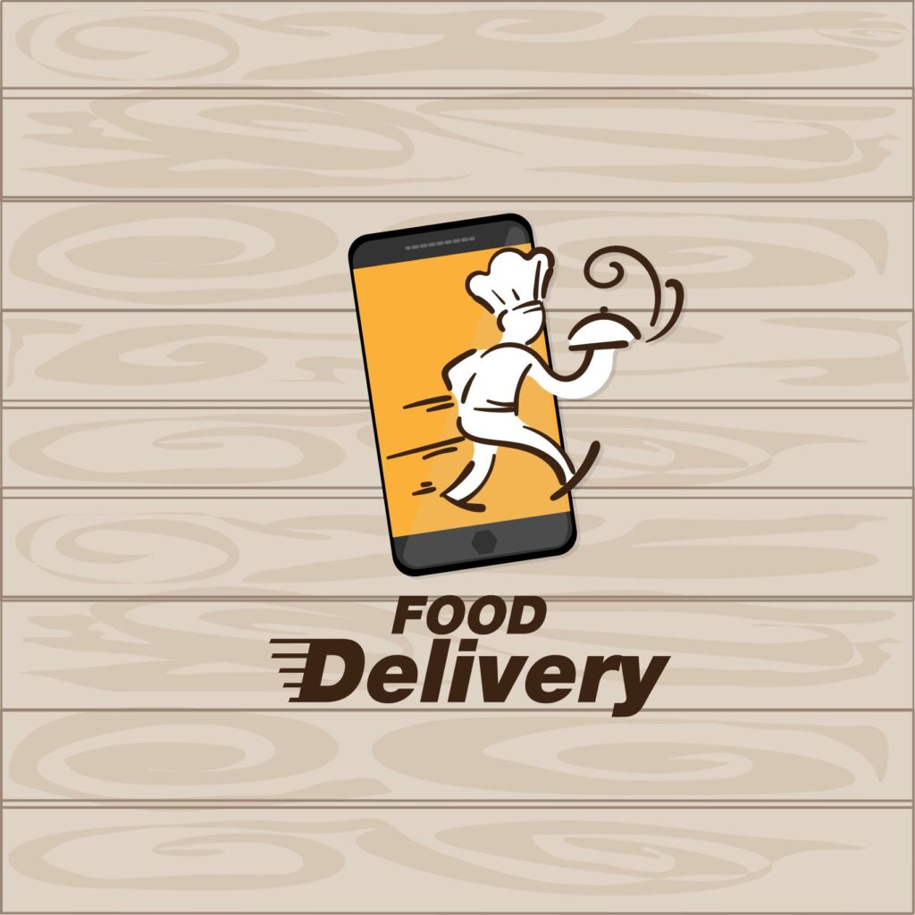 Online Food Delivery App Vector Showing a Chef Holding a Closed Food Tray Emitting Hot Steam in His Hand as He Steps Out of a Mobile Phone with the Words "Food Delivery" right below the mobile phone, on a horizontal running wood plank background.