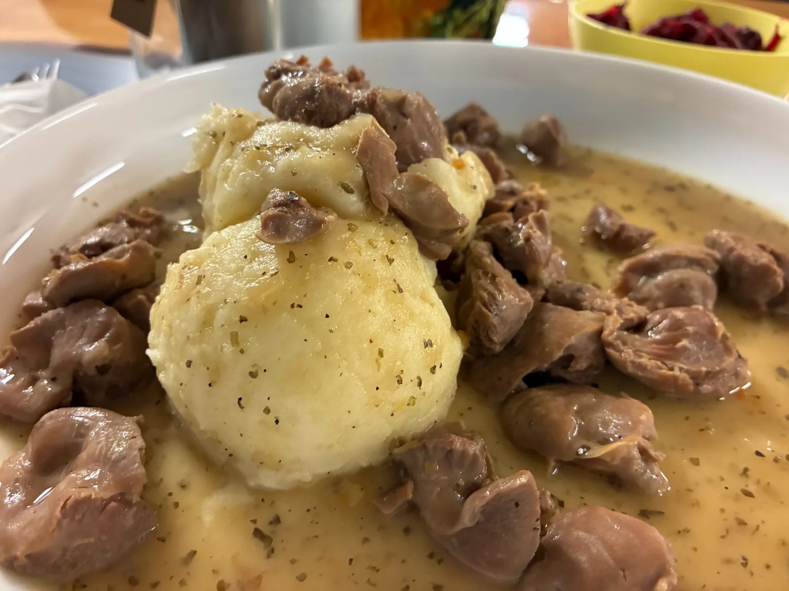 Close-up of chicken gizzards in savory sauce served with mashed potatoes at Kat’s Café & Restaurant.
