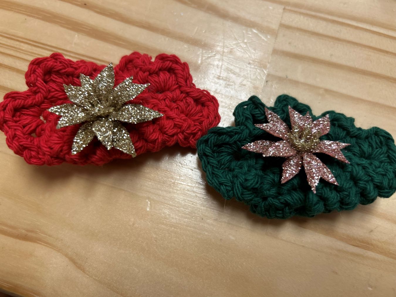 Red and Green Crotchet Christmas Pierogi Ornaments with pinecone gold glitter thistle