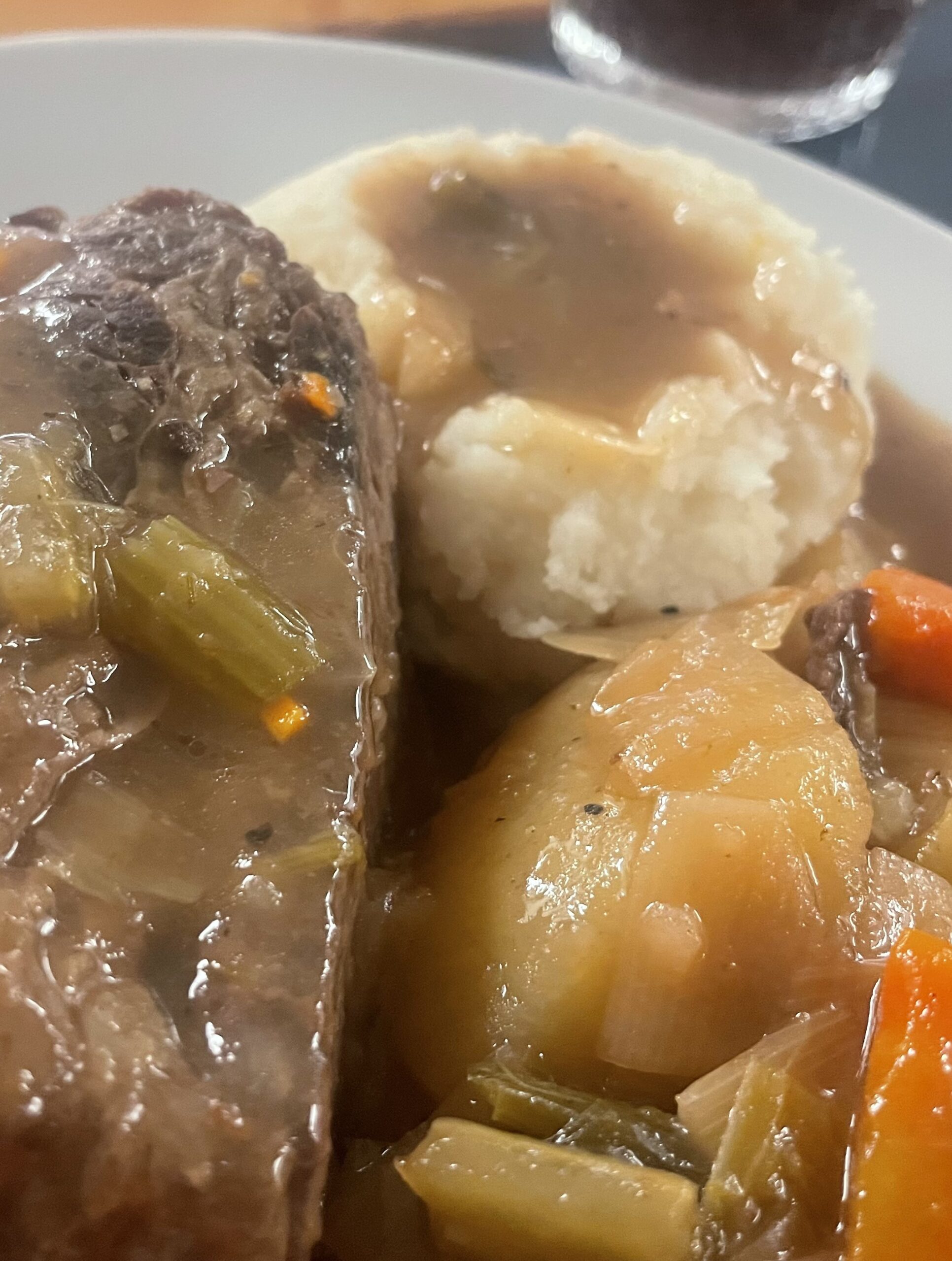 Slow-cooked pot roast dinner with mashed potatoes and natural gravy at Kat’s Café & Restaurant.