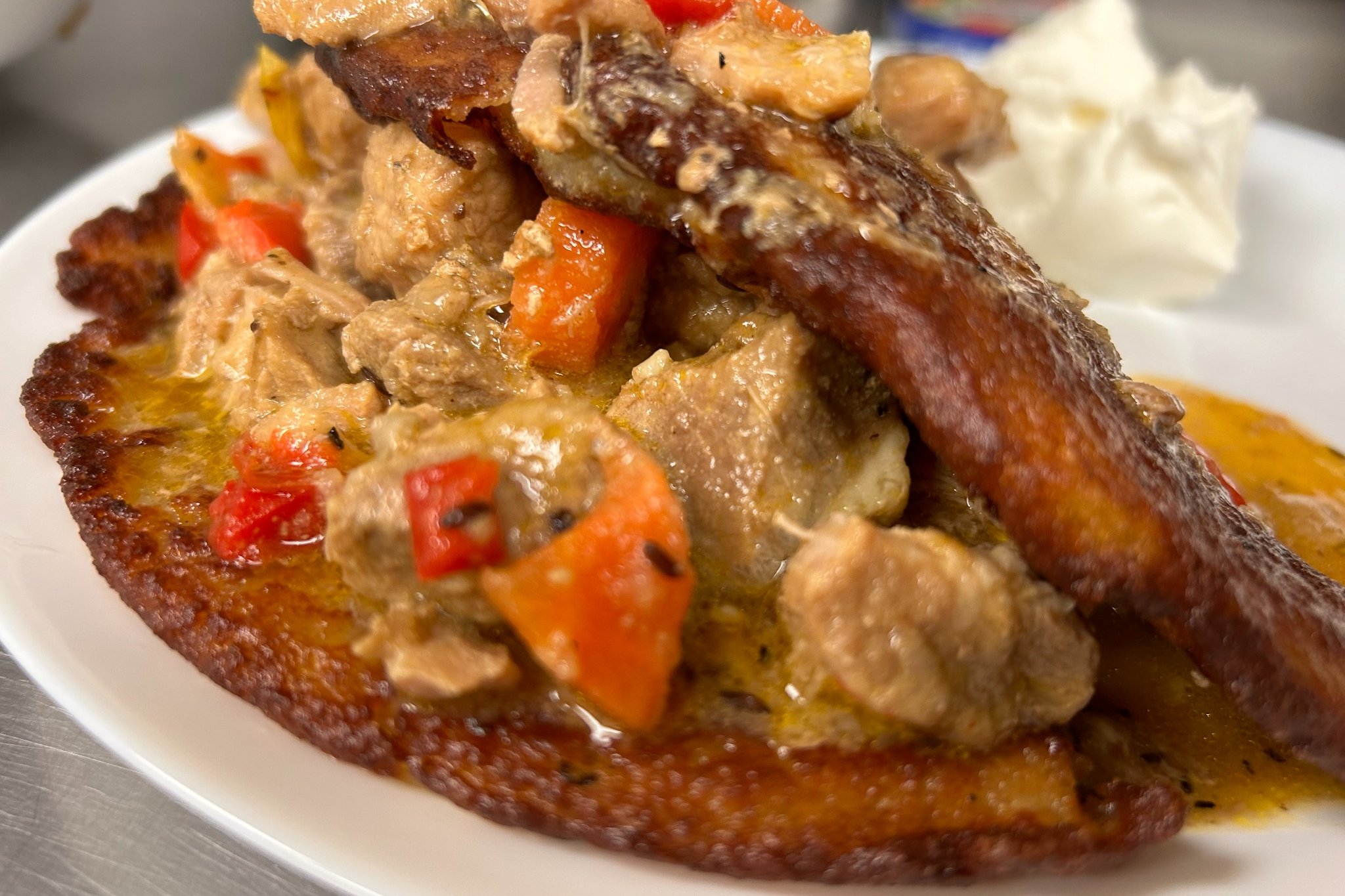 Goulash served over a crispy bleenie with vegetables and sour cream at Kat’s Café & Restaurant.