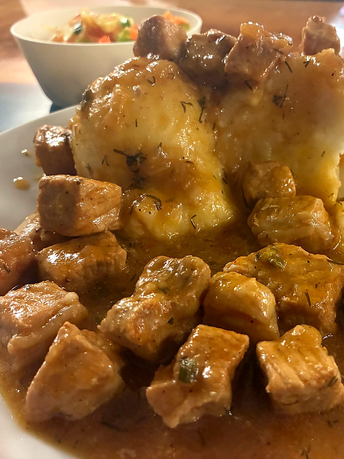 Goulash over mashed potatoes with natural rich gravy at Kat’s Café & Restaurant.