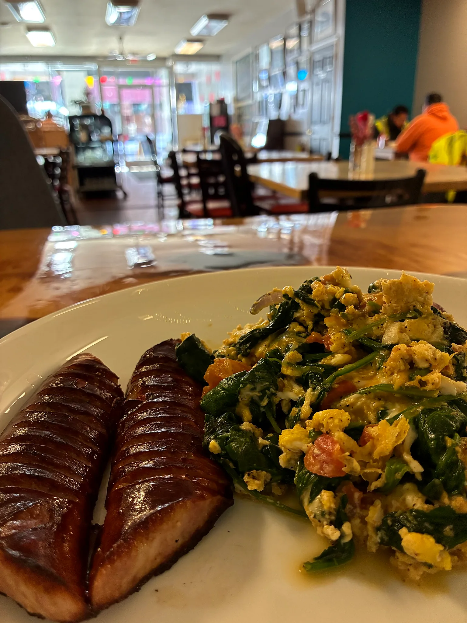 Two grilled kielbasa links with a spinach and egg scramble for brunch at Kat’s Café & Restaurant near Pottsville, PA.