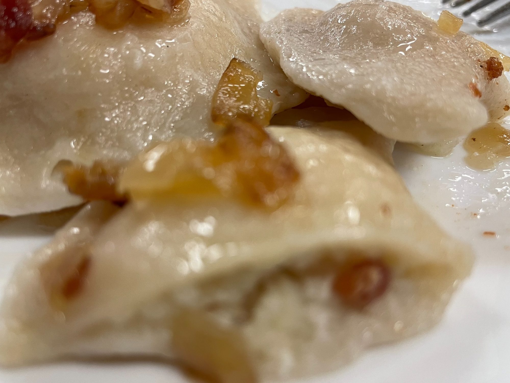 Potato-cheese pierogies topped with sautéed onions and bacon at Kat’s Café & Restaurant in Minersville, PA.