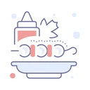 Illustrated city chicken skewer icon on a plate with a sauce bottle.