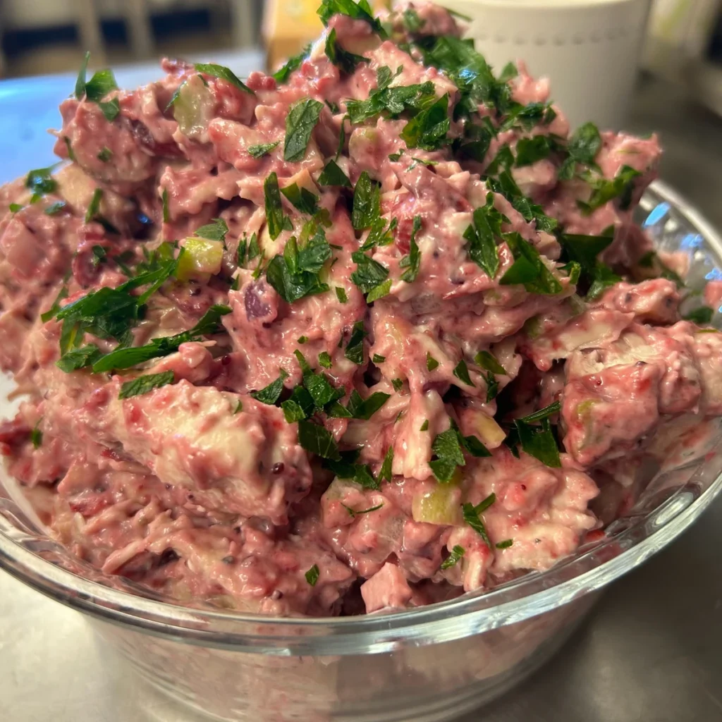 Creamy cranberry chicken salad garnished with chopped parsley in a glass bowl.
