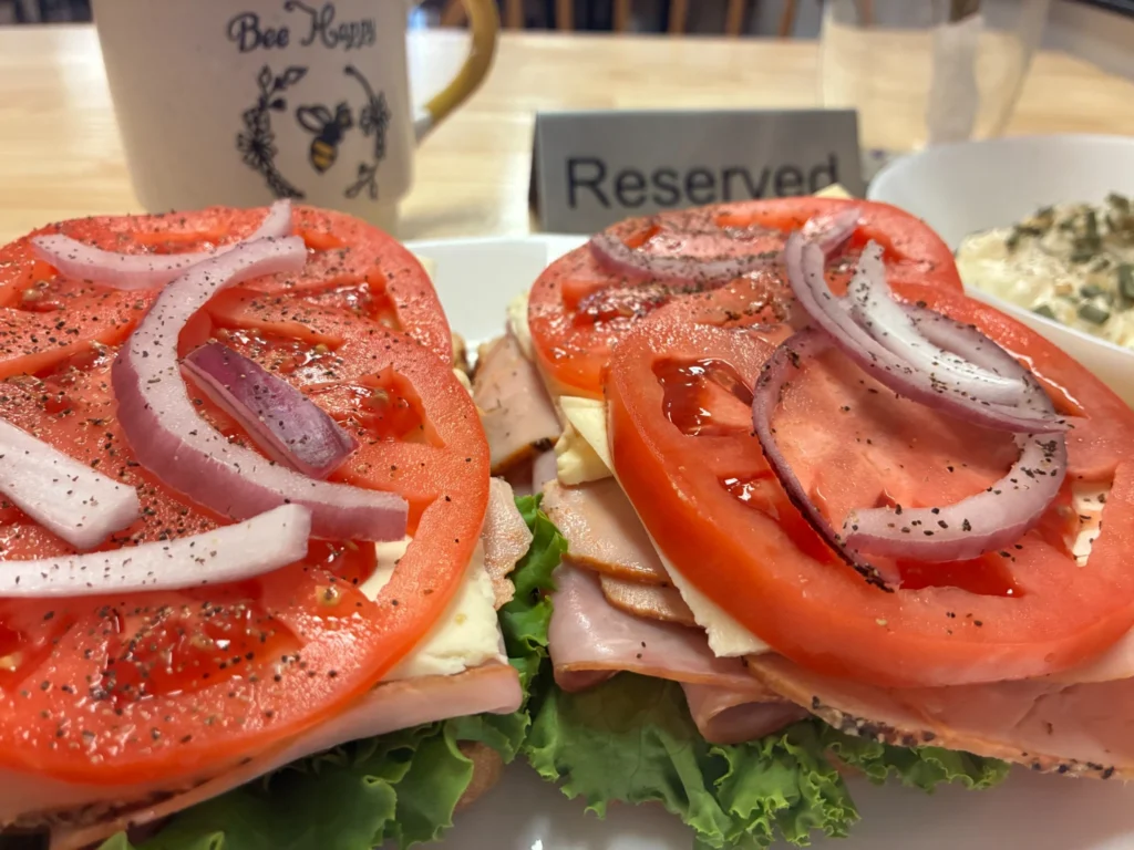 Two open-faced European-style sandwiches with ham, cheese, lettuce, tomato and red onion on seeded bread.
