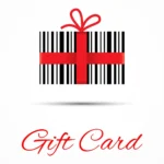Gift card icon with a red ribbon and barcode design.