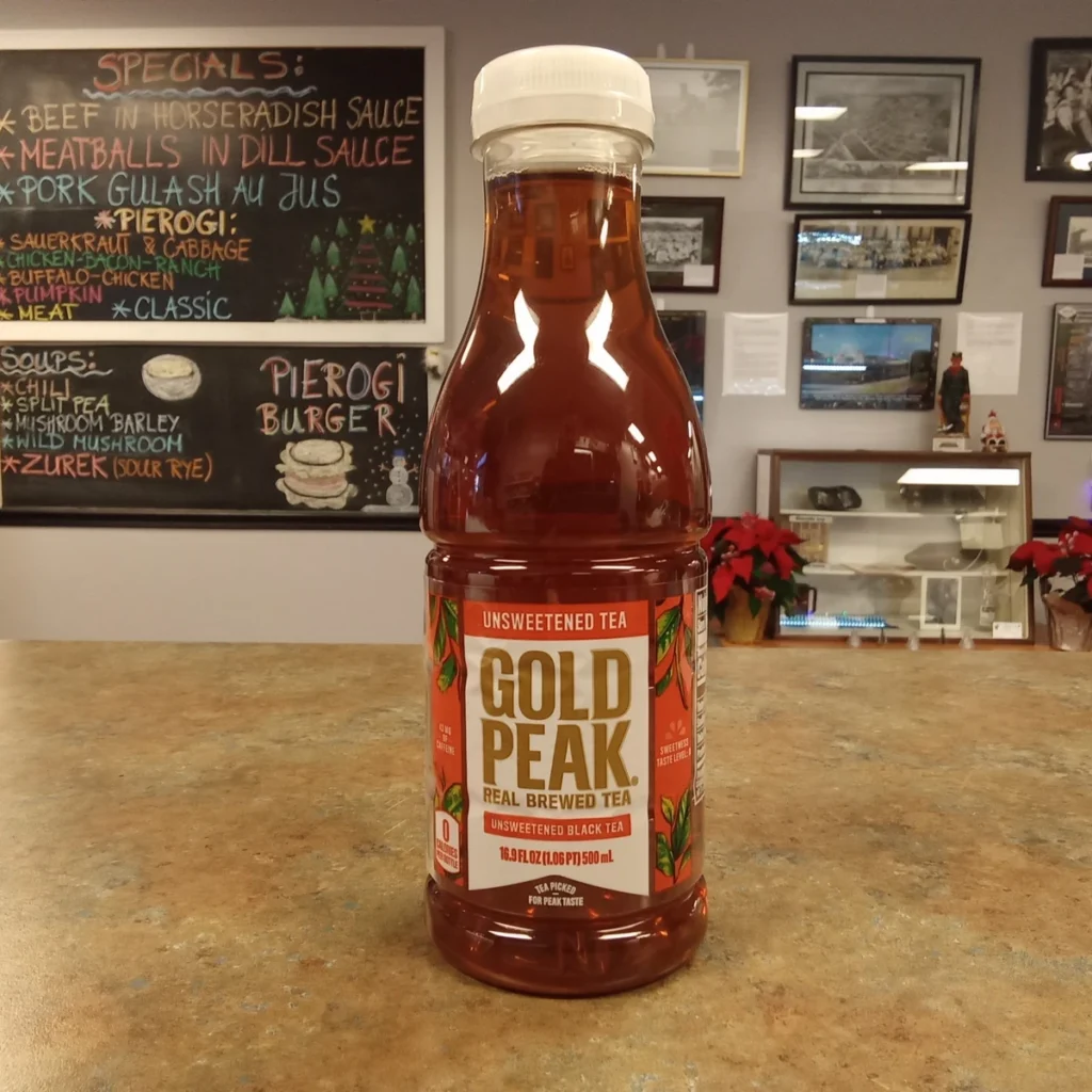 Bottle of Gold Peak Unsweetened Tea on the counter at Kat's Café & Restaurant.