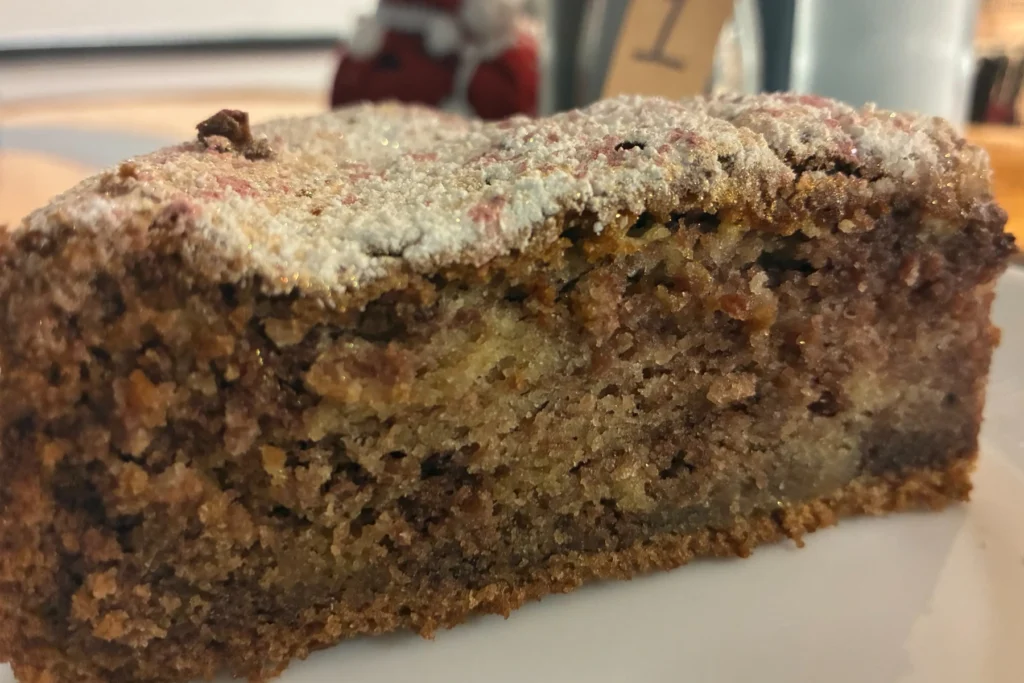 Slice of homemade chocolate walnut cake dusted with powdered sugar, showing a moist marbled crumb on a white plate.