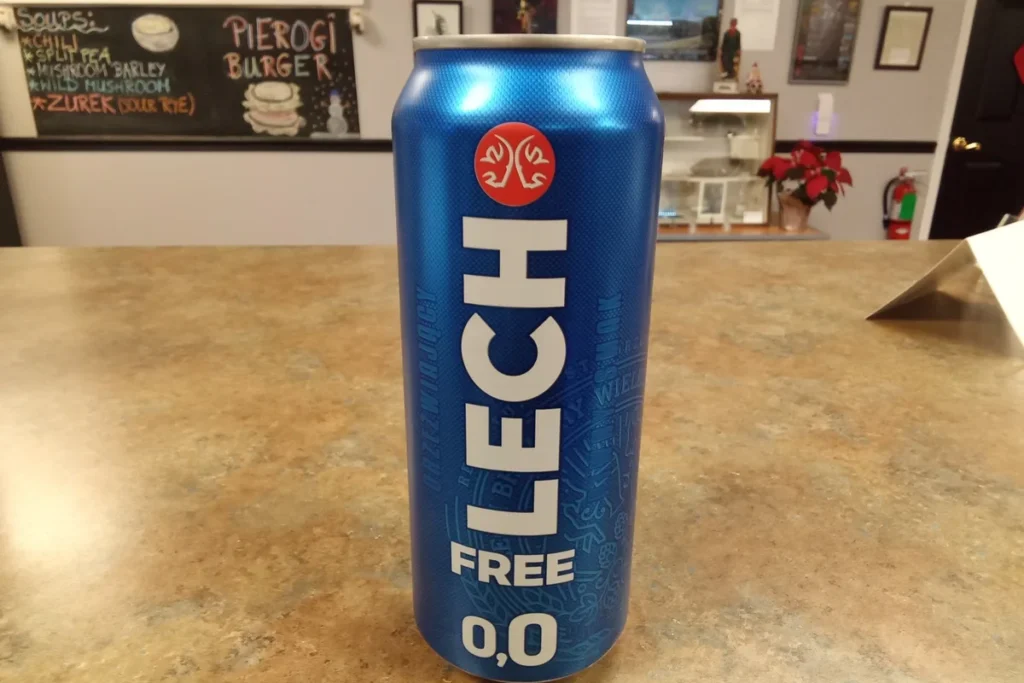 Can of Lech Free 0.0 non-alcoholic beverage at Kat's Café & Restaurant.