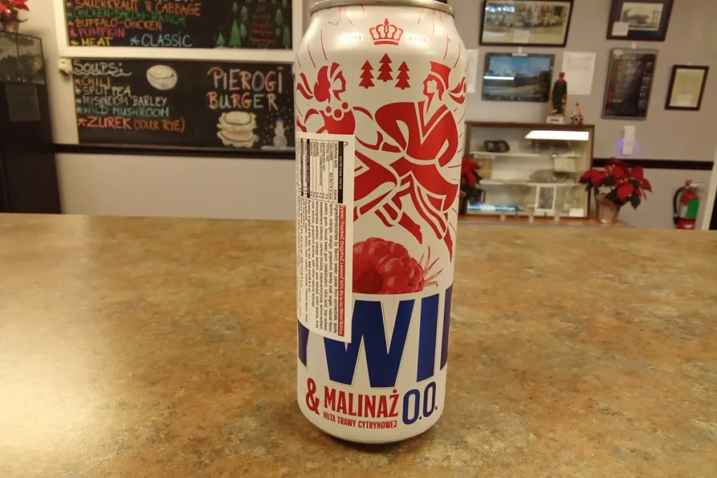 Close-up of a Polish 0.0 raspberry drink can available at Kat's Café & Restaurant.