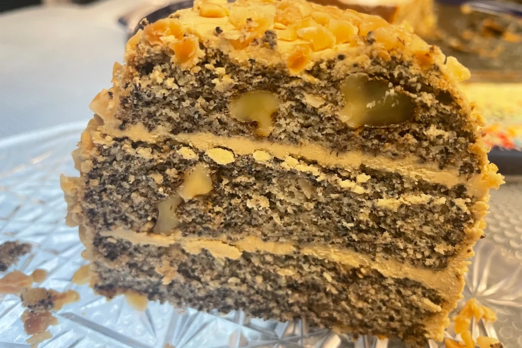 Slice of walnut poppy seed cake layered with coffee-colored frosting and studded with walnut pieces.