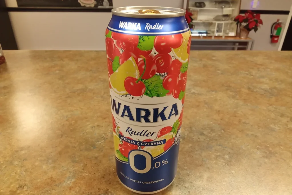 Can of Warka Radler 0.0 cherry and lemon non-alcoholic beverage at Kat's Café & Restaurant.