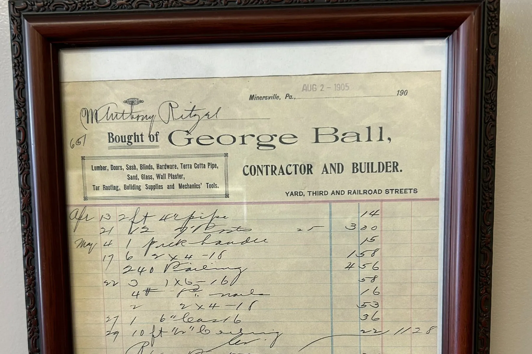 August 2, 1905 ledger page from Minersville contractor and builder George Ball.