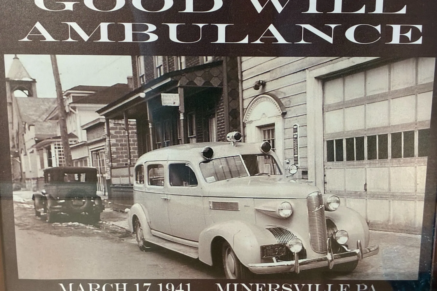 Goodwill Ambulance parked in front of a Minersville fire station on March 17, 1941.