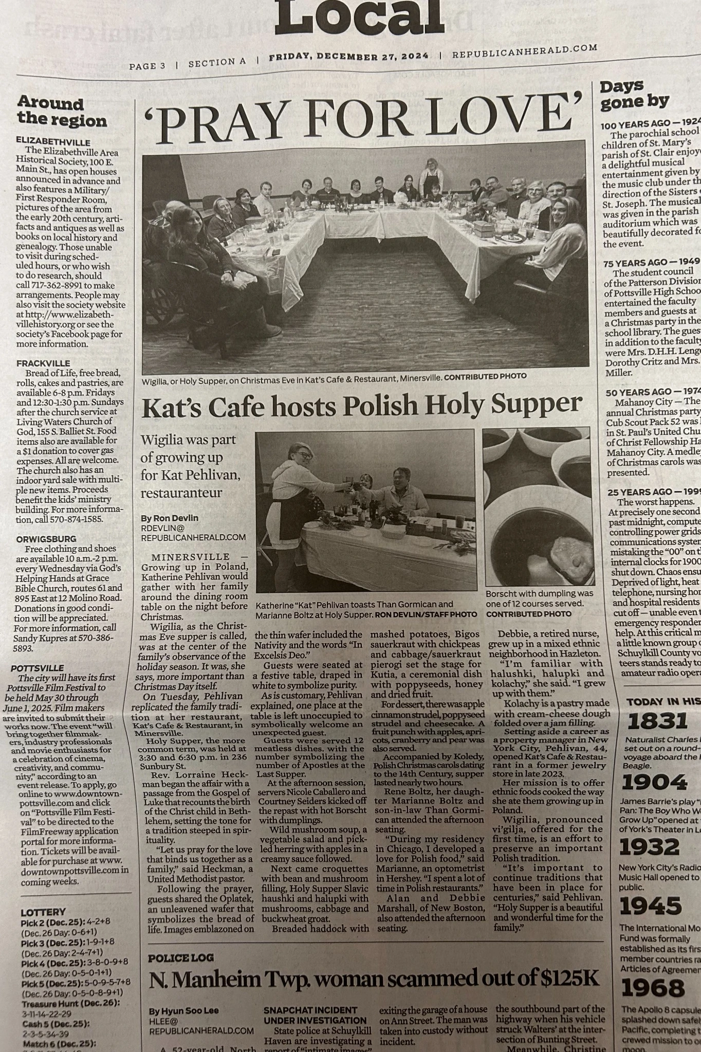 Newspaper page featuring the article “Kat’s Cafe hosts Polish Holy Supper” with photos from Kat’s Café & Restaurant in Minersville.