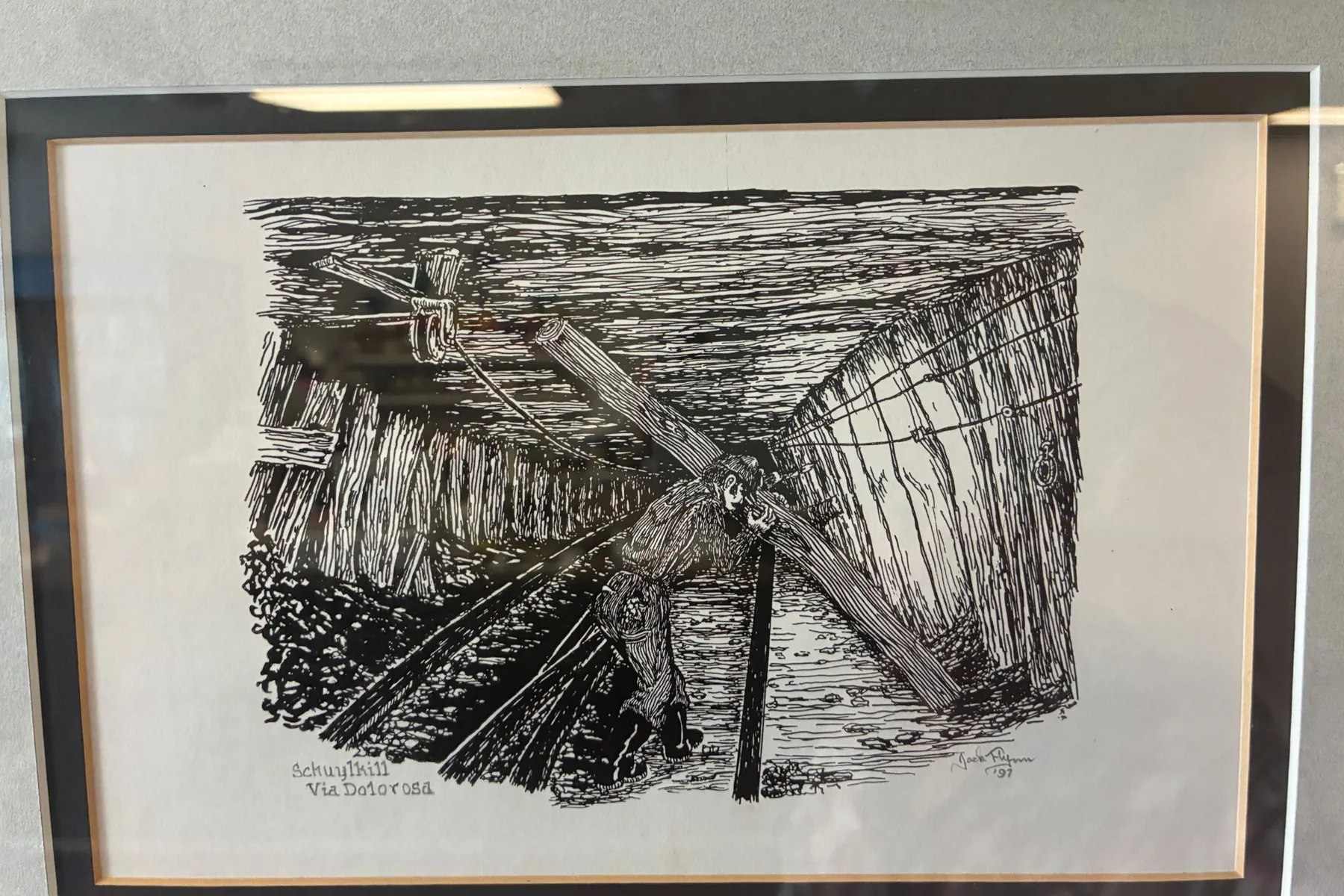 Jack Flynn artwork titled Way of the Boss showing a coal miner setting a support brace underground.