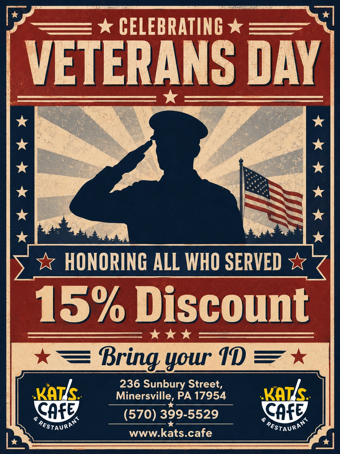 Veterans Day appreciation flyer for Kat’s Café & Restaurant featuring a saluting service member, 15% discount offer, and Minersville contact information.