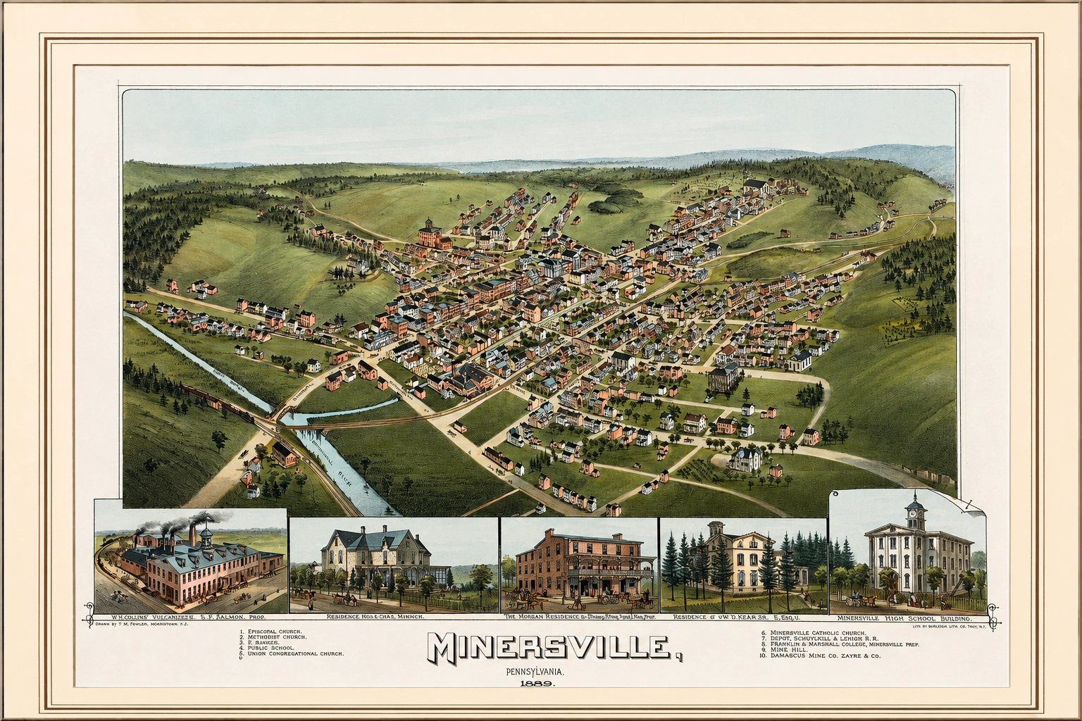 Framed vintage bird’s-eye map illustration of Minersville, Pennsylvania from 1889, showing the town, surrounding hills, waterways, and inset landmark buildings.