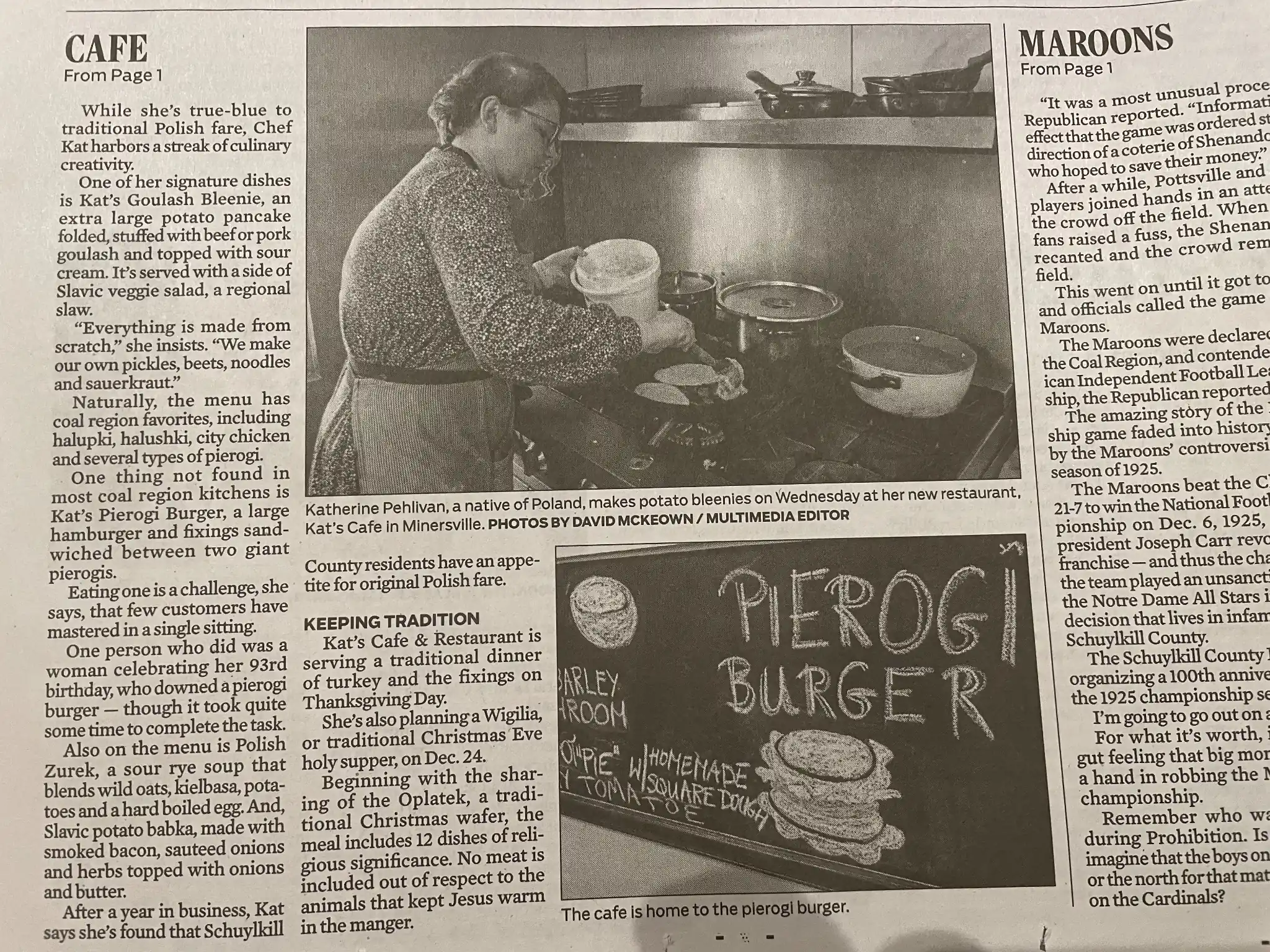 Newspaper feature on Kat’s Cafe & Restaurant showing Chef Kat making potato bleenies and a chalkboard promoting the Pierogi Burger.